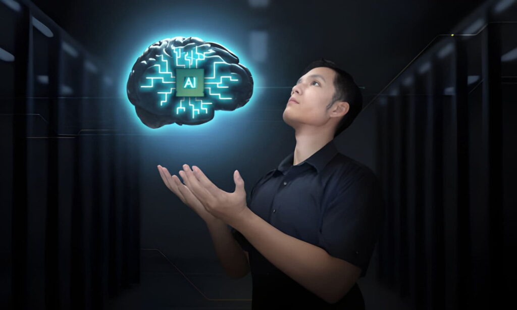 L’homme interagit avec un cerveau d’intelligence artificielle numérique